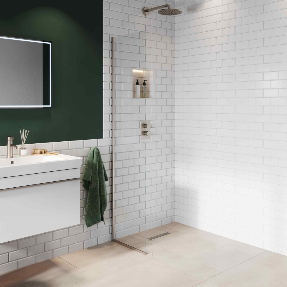 Product Lifestyle image of the Abacus Brushed Nickel 590mm Fixed 8mm Wet Room Screen